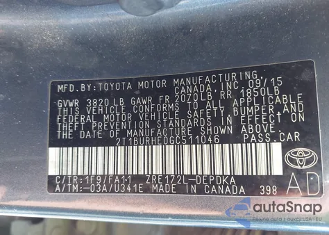 2016 Toyota Corolla L из США, поврежденный, VIN 2T1BURHE0GC511046